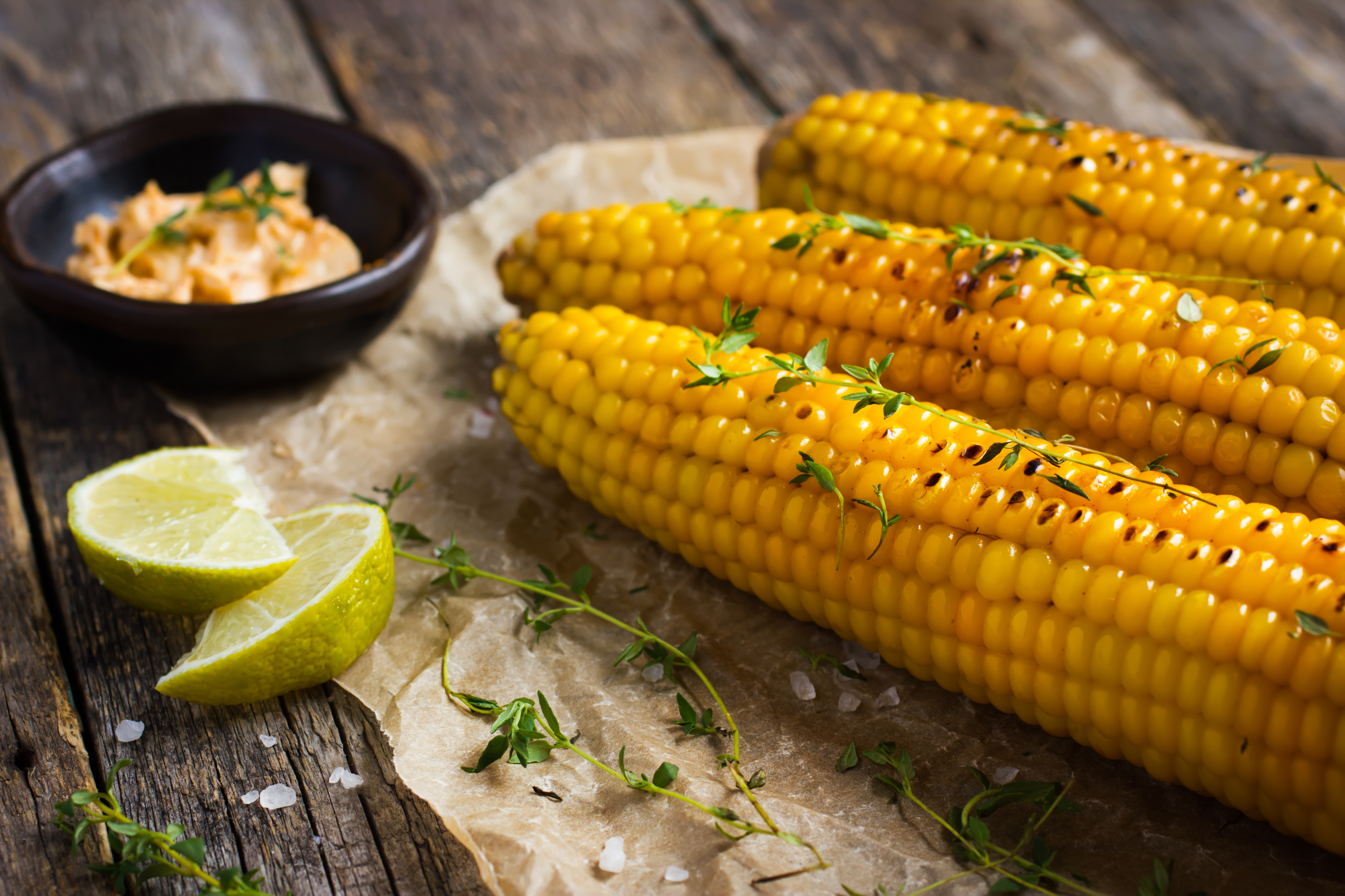 Grilled Brentwood corn with garlic and chili butter.